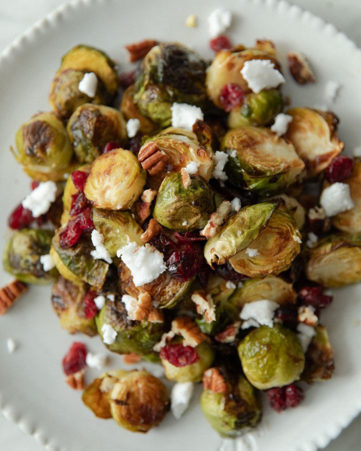 roasted brussels sprouts with cranberries, pecans and feta